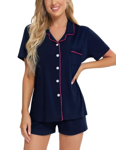Image of SWOMOG Womens Button Down Pajamas Set Short Sleeve Sleepwear Bride Soft Pj Lounge Sets XS-3XL