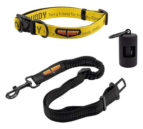Mytee Products Large Breed Adjustable Dog Collar, Nylon Car Seat Belt Harness, and Poop Bag Holder Set for Male Female Dogs - Neoprene Padded Collar, Leak-Proof Waste Bag Dispenser