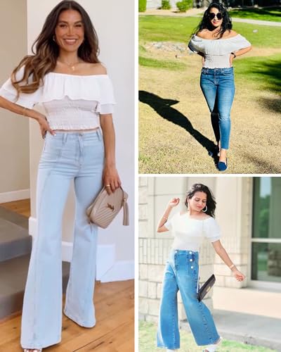 Hibluco Womens Off Shoulder Tops Ruffled Crop Top Smocked Waist Blouse Summer Tops2