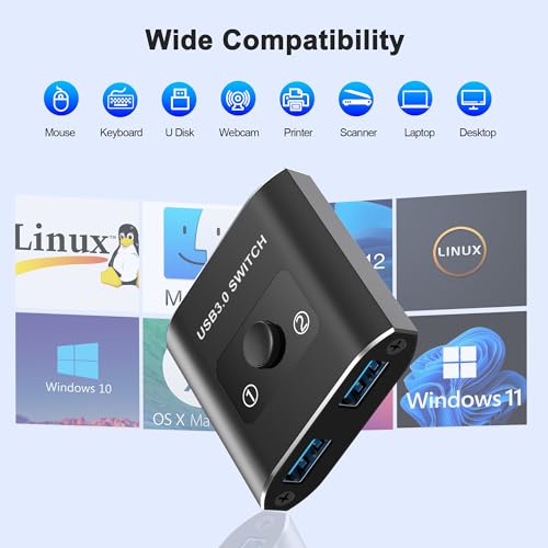 Image of USB 3.0 Switch, Bi-Directional USB Switch 1 in 2 Out /2 in 1 Out, USB Switcher 2 Computers Sharing Devices Like for Printer, Keyboard, Scanner, Mouse, USB KVM Switch Compatible with Mac /Win /Linux