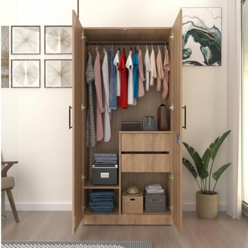 Image of Amazon Brand - Solimo Meroki 2 Door Wardrobe | Cupboard | Almirah with Drawers, Hanging Rod & 4 Shelves | 90L x 45W x 180H CM | Wood Oak Light | DIY