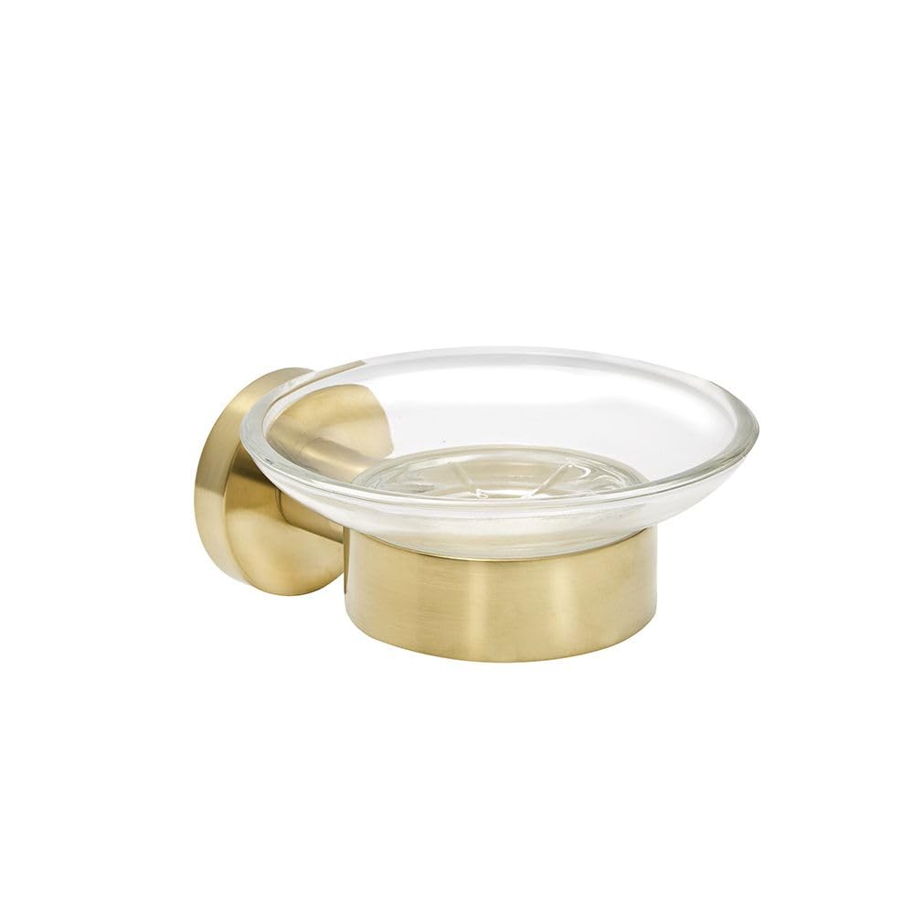 Milano Ayanna Round Wall Mounted Bathroom Glass Soap Dish With Brushed Brass Holder