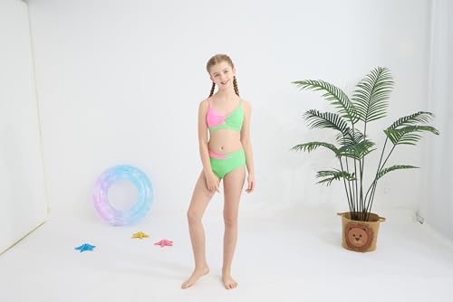 Image of Girls Swimsuit Color Block Twist Bathing Bikini Suit Adjustable Straps Girls 2 Piece Swimsuit 7-14 Years