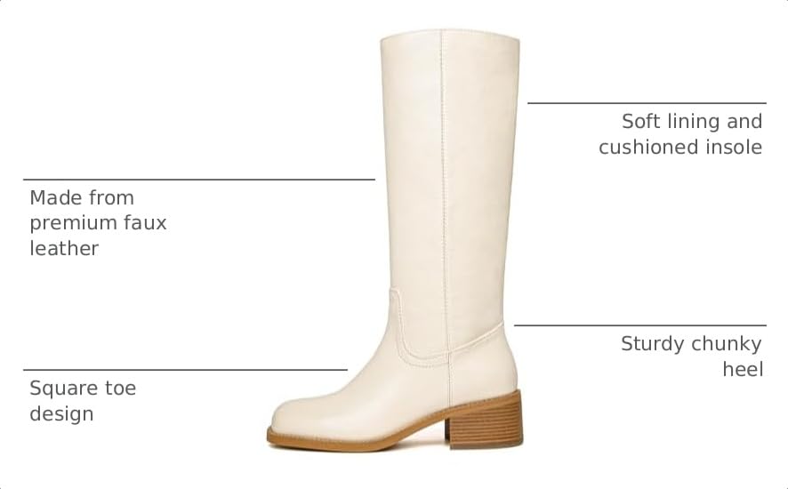 Image of Knee High Boots Women Square Toe Chunky Block Heel Banana Campus Boot Wide Calf Comfortable Low Heel Riding Long Boots