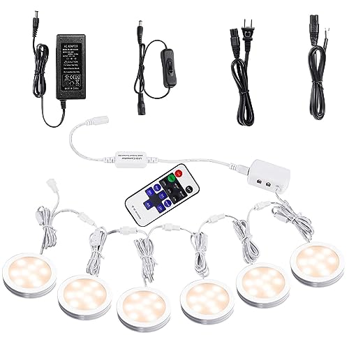 AIBOO Linkable Under Cabinet LED Lighting 12V Dimmable Puck Lights with Wireless RF Remote Control, Hardwired & Wall Plug in for Counter Lighting(6 Lights, Warm White)