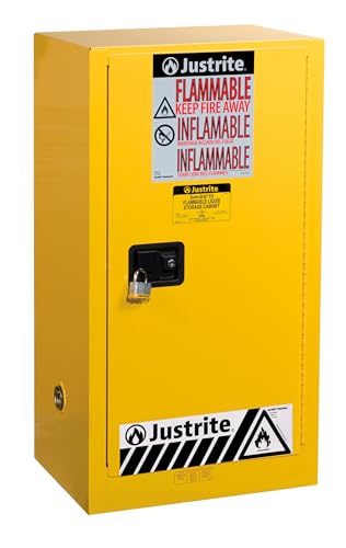 Image of Justrite 20 Gallon Self Close Paint and Ink Safety Cabinet, 18 Gauge Steel, 2 Shelves, 23 inch x 44 inch x 18 inch, 1 Door Combustibles Cabinet, Made in The USA, Yellow, 891530