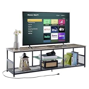 VECELO TV Stand with Power Outlets for Televisions up to 75Inch, 62″ Media Entertainment Center with Charging Station 3-Tier Open Storage Shelves with Metal Frame for Living Room/Bedroom，Grey