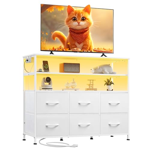 WLIVE White TV Stand for 40, 45 inch TV, Entertainment Center with LED Lights & Charging Station, TV Media Console Table with 6 Fabric Drawers and Open Shelves for Living Room, Hallway, Wood Top
