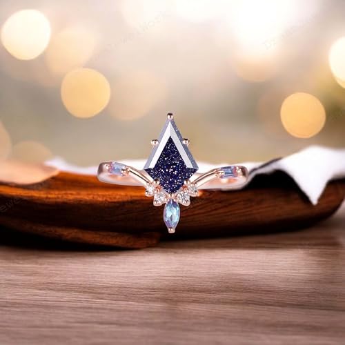 Kite Cut Galaxy Sandstone Engagement Ring 14k Rose Gold Anniversary Jewelry Color Changed Alexandrite Gemstone Ring Diamond Wedding Gift For Bridal2