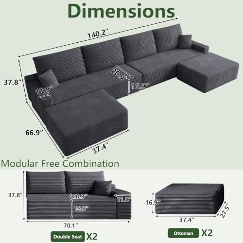 Image of Oversized Modular Sectional Sofa Couch,Large 6 Seater Corner Sofa Modern U Shaped Sectional Couch with Ottoman Cloud Couches for Living Room,Office,Spacious Space,Corduroy,No Assembly,Dark Grey