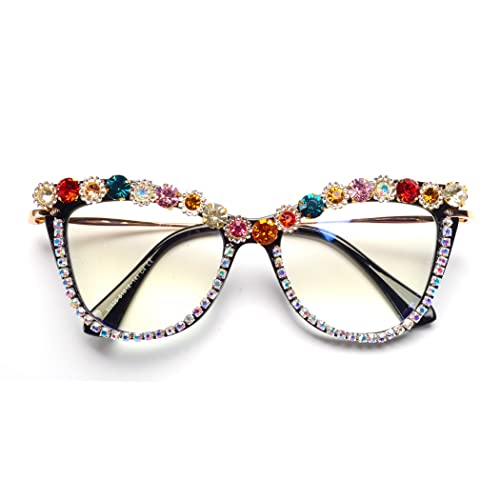 Image of Cat Eye Bling Colorful Rhinestone Reading Glasses For Women Blue Light Blocking Computer Eyewear (A diamond, 3.0)