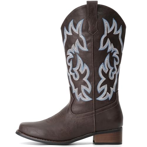 Image of IUV Cowboy Boots For Women Square Toe Wide Mid Calf Western Pull On Suede Fashion Black Brown Cowgirl Boots