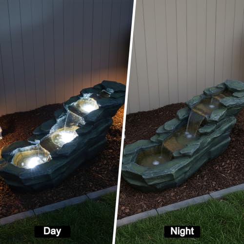 Image of SunJet Cascading Rock Outdoor Water Fountain with LED Lights - 44 inch Length Resin Stone Look Garden Waterfall Fountain, Freestanding Floor Fountain with UL Certified Pump for Patio Backyard Yard Decor