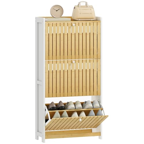 HOMCOM Zapatero Estrecho con 3 Puertas de Bambú con Listones Zapatero Entrada Recibidor con Estantes Ajustables para 18 Pares de Zapatos 60x24x118 cm Blanco y Natural