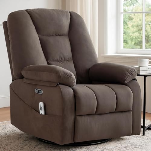 Image of Power Swivel Rocker Recliner Chair for Adults, Electric Rocking Recliner with Massage and Heat for Living Room Bedroom, Fabric Reclining Sofa Chair with USB and Type-C Ports,Brown