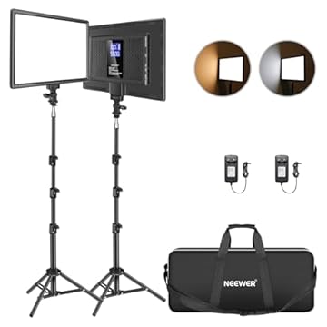 NEEWER Kit d'Illuminazione LED Con 178cm Cavalletto, 2pz 384 Morbida, Batteria a Litio Incorporata, 3200-5600K CRI97+ Ultra Sottile On-camera per YouTube Fotografia Video