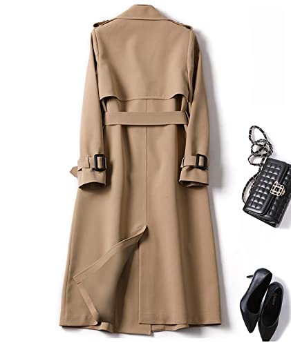 SOMTHRON Women's Double Breasted Long Trench Coat Belted Notch Lapel Overcoat Windproof Classic Outerwear4