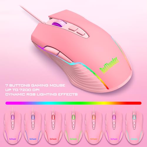Image of RedThunder K10 Wired Gaming Keyboard and Mouse and Wrist Rest Combo, RGB Backlit, Mechanical Feel Anti-ghosting Keyboard + 7D 7200 DPI Mice+Soft Leather Wrist Rest 3 in 1 PC Gamer Accessories(Pink)