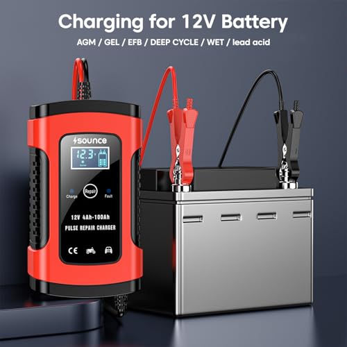 Image of Sounce Fully Automatic 12V 5A Battery Charger & Maintainer Smart Car Battery Charger with Pulse Repair & Intelligent Digital Display EU Plug Compatible with Car, Motorcycle, Lawn Mower & More - Red