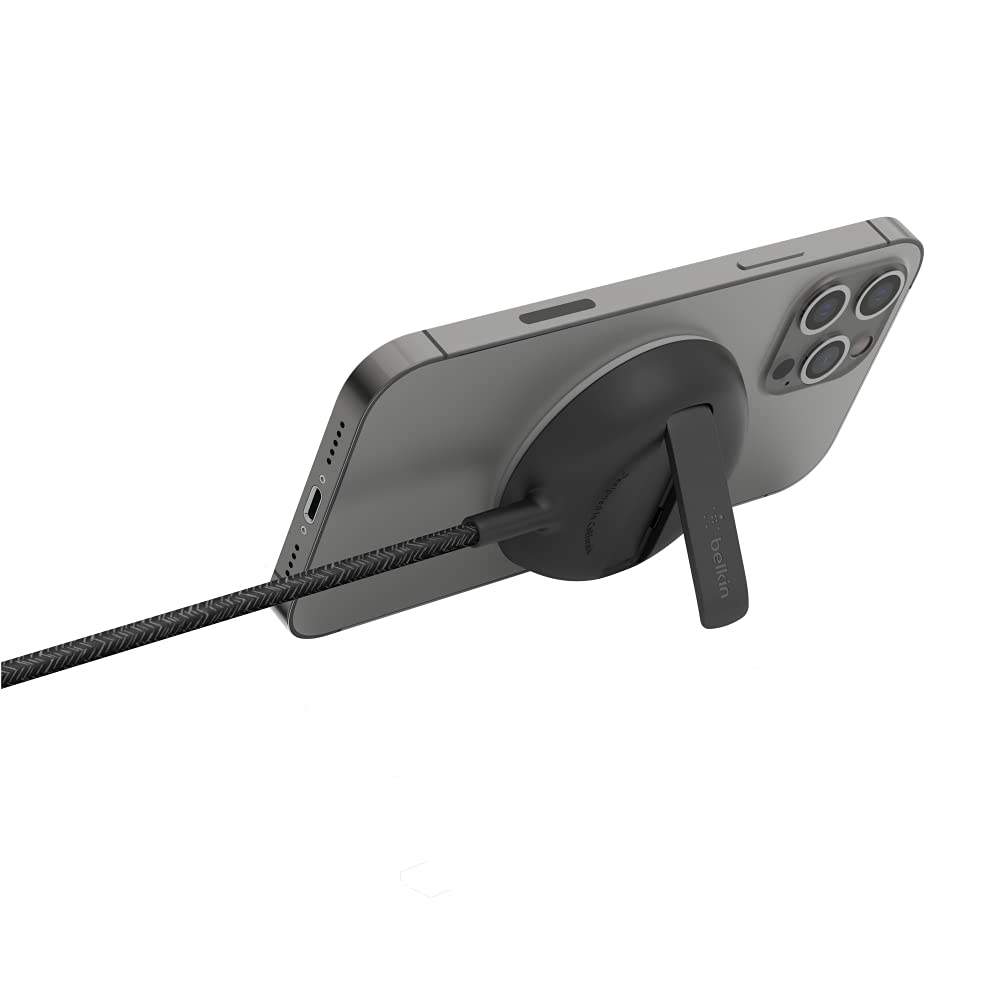 Belkin WIA004btBK Portable Wireless Charger Pad with MagSafe (Fast Charging Up To 15W, Kick Stand for Flawless Compatibility with iPhone 14/13/12) Black, PSU not Included
