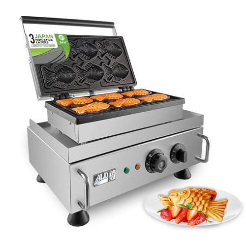 ALDKitchen Taiyaki Fish Waffle Maker | Commercial Non-Stick Digital Taiyaki Gold Fish Waffle Machine | 6-Cavity Fish Waffle Maker Baker | 110V (6 Mini Closed-Mouth Fish)