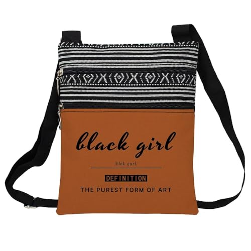 Black Lady Messenger Bag Small Ethnic Pattern Printed Adjustable Strap Crossbody Zipper Bag Inspirational Slogan Phone Bag Wallet Cute Shoulder Handbag for Black Ladies Women