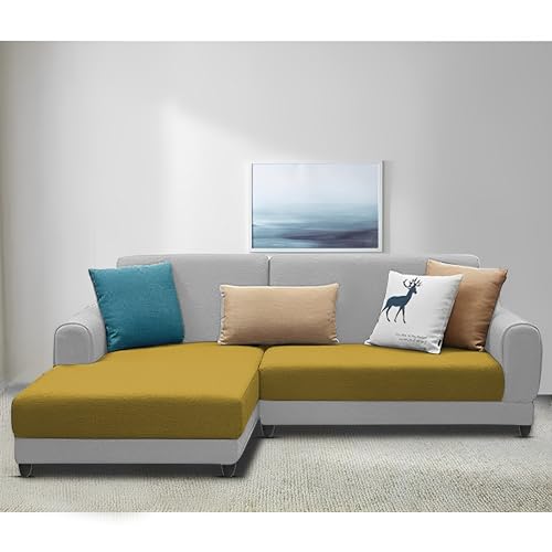 Image of Kraven LHS 4 Seater L Shape Sofa Set for Living Room (Yellow Grey Fabric) Premium Fabric Sofa