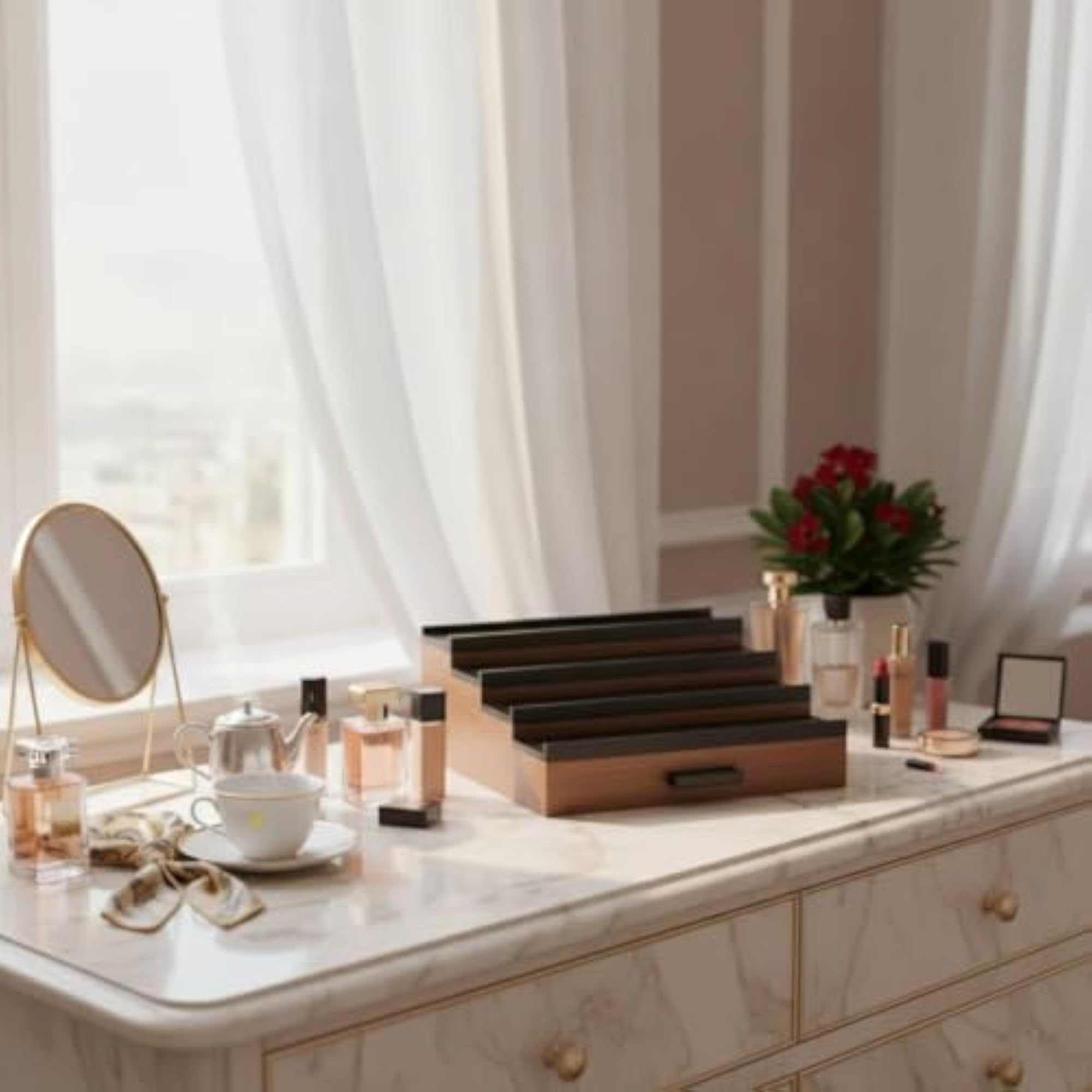 4-Tier Wooden Stepped Display Rack for Perfume and Cosmetics