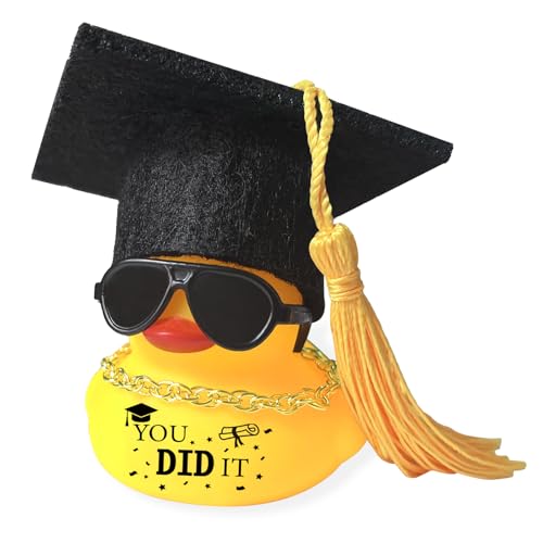 Decoración para salpicadero de coche, sombrero de graduación, pato de goma, adornos de accesorios de coche con mini gorra de graduación, collar, gafas de sol para graduados, estudiantes, regalo de