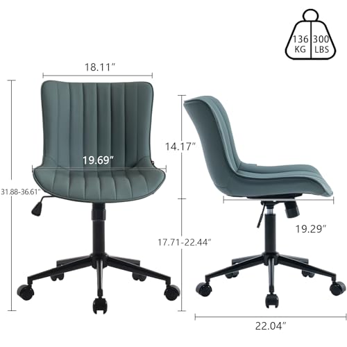 Image of YOUNIKE Office Desk Chair with Wheels Armless Vanity Chair Greyish Green | Faux Leather Upholstered with Rocking Back, Swivel Height Adjustable Small Cute Computer Rolling Task Chair Ergonomic 300lb