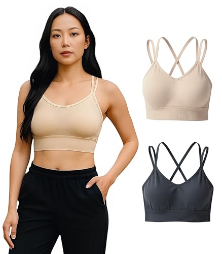 Sewn in Padded Sports Bra, Strappy Sports Bra for Women Sexy Crisscross for Yoga Running Athletic Gym Workout Fitness