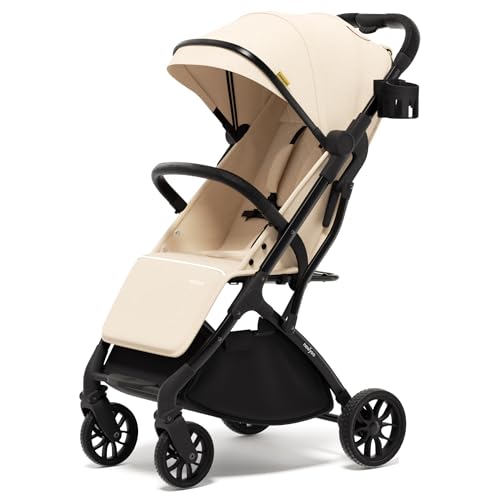 Image of newyoo Baby Travel Stroller, Compact & Lightweight Infant /Toddler Stroller with Retractable Handle, Cup Holder, One-Hand Easy Fold, Near Flat Recline Seat, GlideTow TR18M, Almond