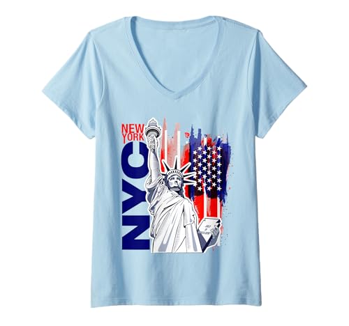 Femme T-shirt NYC New York City Statue de la Liberté avec drapeau USA T-Shirt avec Col en V