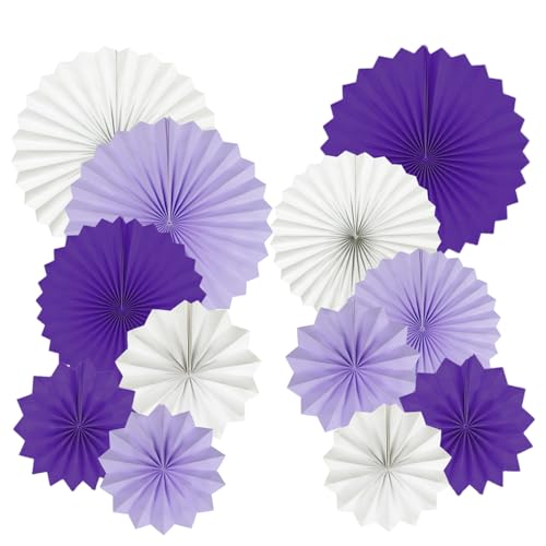 AimtoHome Paper Round Fan Party Decorations, Purple Lavender and White Hanging Fans for Mermaid, Birthday Party, Wedding,Baby Shower, Graduation Events,Set of 12(8