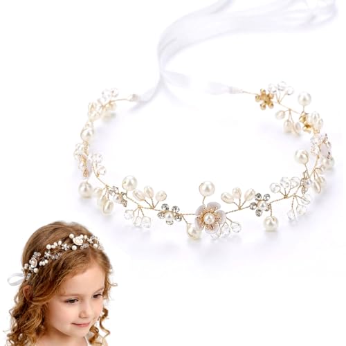 KAHZOR 1 pièce Couronne de fleurs pour cheveux enfants filles, Accessoire cheveux communion, baptême et couronne de printemps (Or)