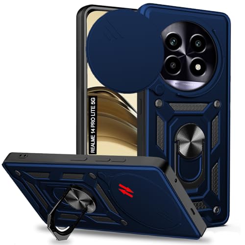 Image of AESTMO Tough Armor Realme 14 Pro Lite 5G Bumper Back Case Cover | Ring Holder & Sliding Camera Shield Cover | 360 Degree Protection Back Case Cover for Realme 14 Pro Lite 5G (Blue)