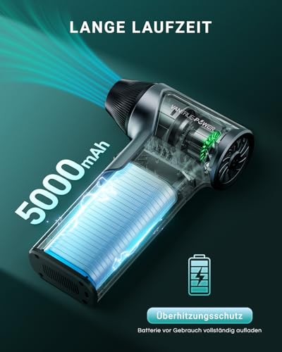 VANTRUE POWER T150 Elektrischer Luftbläser, 110.000 U/min Starkes Druckluftgebläse mit 3 Geschwindigkeiten– Staubgebläse Staubsauger Elektro Gebläse Akku für PC,Tastatur,Auto,Haushalt,Outdoor
