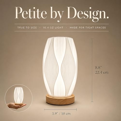 Image of Small Bedside Lamp for Nightstand, 3D Printed Mini Table Lamp, 3 Color Temperatures Warm to Cool White, Cozy Small Lamp for Bedroom Dorm Tight Spaces, Ash Wood Base, 8.8 Inch Tall - Flame