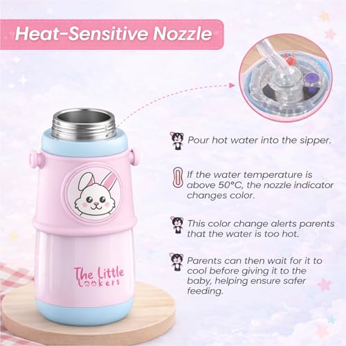 Image of THE LITTLE LOOKERS Stainless Steel Hot & Cold Sipper Bottle for Kids | 300 Milliliters | Rust-Proof | BPA-Free | Double-Wall Vacuum Insulation Water Bottle | Ideal for School and Travel | Pink