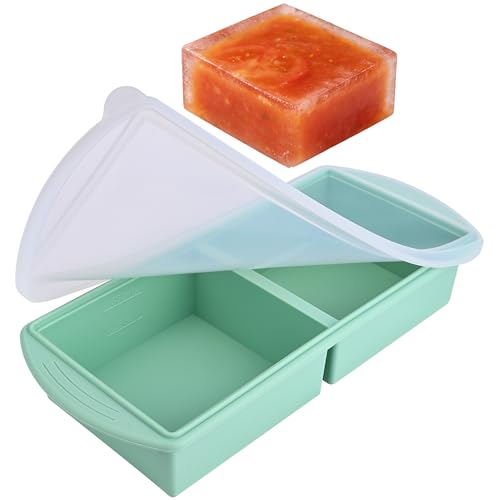 QUELIEN Grünes Silikon Gefriertablett mit Deckel – große Dual-Portion Silikonformen (250ml & 500ml) – stapelbare lebensmittelechte Gefrierbehälter für Suppe, Soße, Smoothies & Meal Prep 1