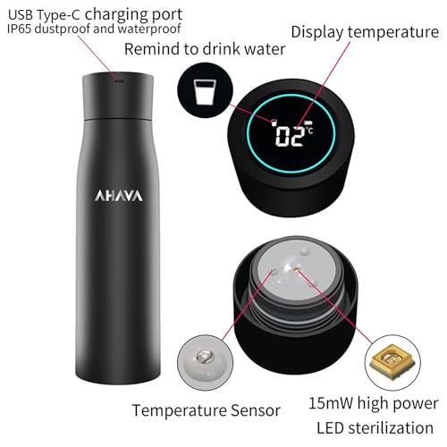 AHAVA Smart Self-Cleaning UV Sterilising Water Bottle 750ml | Superior 316 Stainless Steel | 1-Year Guarantee | Drink Alerts | Temperature Indicator | Ideal for Travel, Gym, School, Office (Black) - Image 8