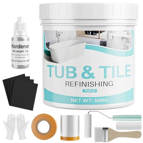 Tile Paint, 17oz Tub and Tile Paint Refinishing Kit with Tools, Easy to Use for Countertop Bathroom Bathtub Kitchen Sink, Semi-Gloss White, Low Odor，25-30sq.ft