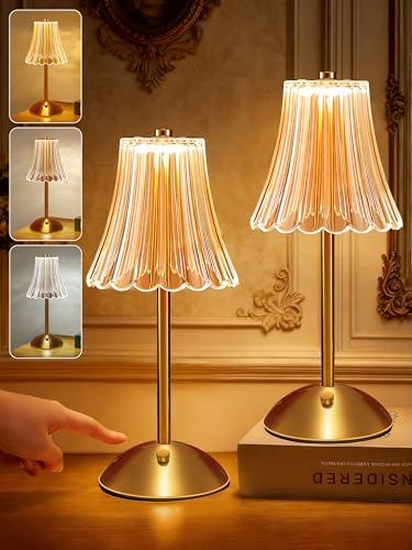 Image of One Fire Crystal Lamp Set of 2, 3 Colors Gold Lamps Mood Listing, Dimmable Bedroom Lamps Vintage Lamp,Rechargeable Nightstand Lamp, Table Lamp for Bedroom Living Room Bathroom Hotel Bar