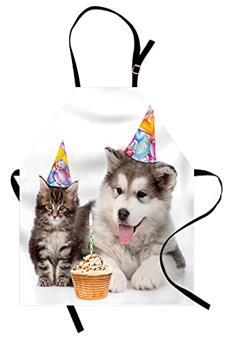 Köche Schürze Geburtstag, Hund Und Katze Haustiere Mit Geburtstagsparty-Kegeln Und Cupcake-Bild Mit 2 Geräumigen Taschen Latzschürze Maschinenwaschbar Kochschürze Für Malerei Künstler Restaurant