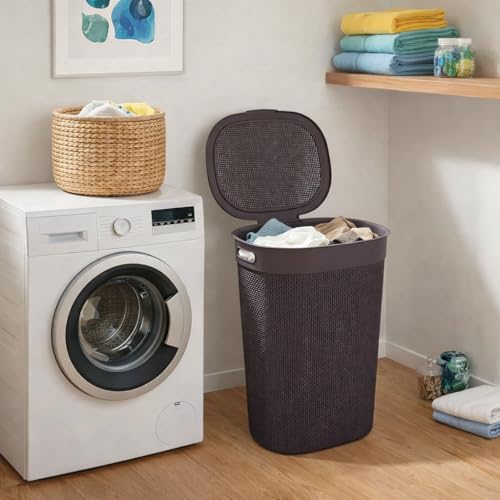Image of KITCHIVO Plastic Large 55 Ltr Laundry Basket with Lid & Handle | Multipurpose Hamper Bins Storing Washable Clothes, Blankets | Household Ideal for Home & Bathroom (Woods Beige Laundry Basket)