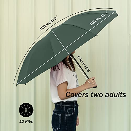 Travel Inverted Umbrella Compact Windproof- Automatic Reverse Green Umbrellas For Rain - Men And Women, Folding Portable Teflon Coating 47Inch Span, 10 Large Rids Umbrella, 47 Inches #TOP6
