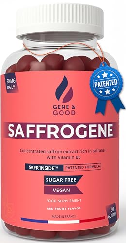 SaffroGene Saffron Gummies + Vitamin B6 Patented Saffron Extract Vegan Red Berry Flavour Mood & Emotional Balance Support Focus & Relaxation 60 Gummies Made in France