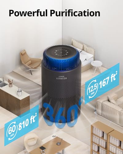 Image of COWAY Air Purifiers for Home up to 810 ft, HEPA and Carbon Filter for Smoke, Allergies, Pet Dander, Odor, AQI Monitor, Auto Mode, Timer, Filter Indicator, Night Light, 2yr Warranty, Airmega 100 Black