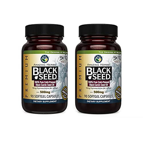 Amazing Herbs Premium Black Seed Oil Capsules - Gluten Free, Non GMO, Cold Pressed Nigella Sativa Aids in Digestive Health, Immune Support, Brain Function - 90 Count, 500mg (Pack of 2)