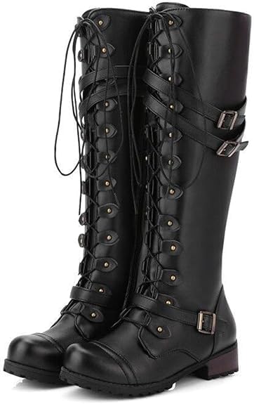 Womens Knee High Boots Lace-up Punk Buckle Military Combat Stacked Heel Boot Shoes Goth Halloween Mid-Calf Shoes